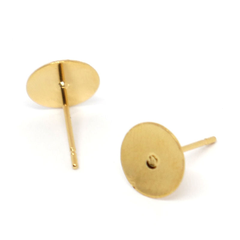 2 x Pendientes Acero Inoxidable Dorado base plana 8mm chapado oro real 24K - - Crystaldreams Abalorios
