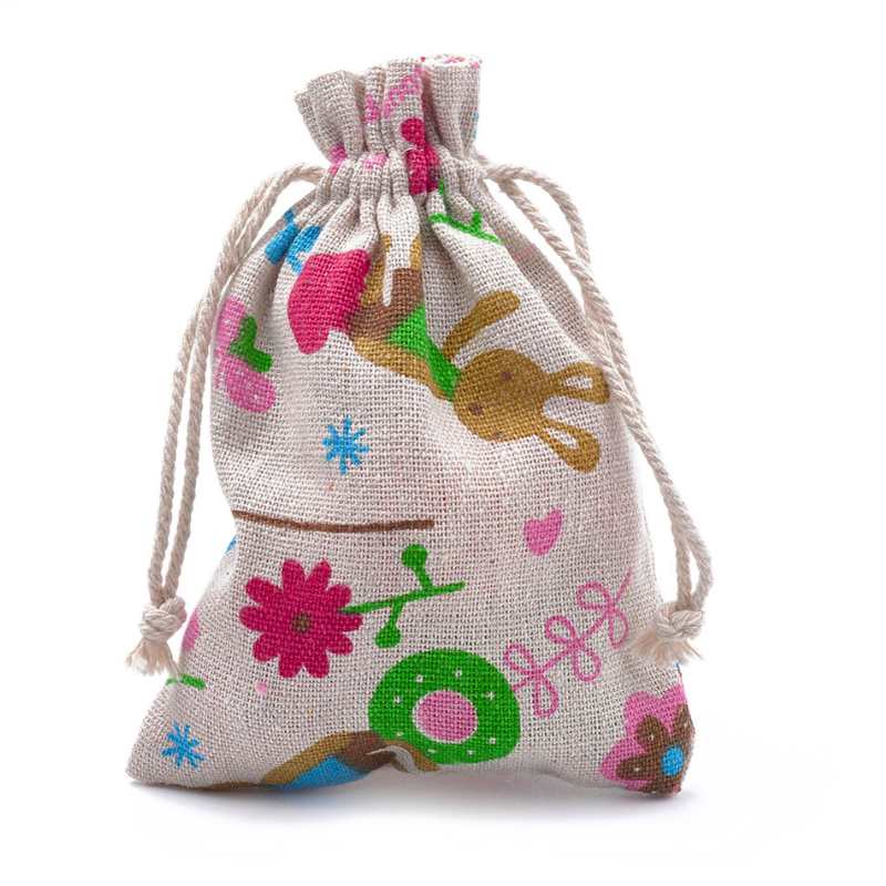Textile cord bag with closurte string 14x10cm Flowers Rabbit