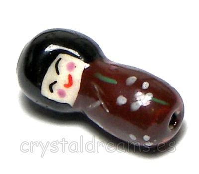 Cuenta porcelana muñeca japonesa Kokeshi 27x12mm Aguj:2mm Brown - - Crystaldreams Abalorios