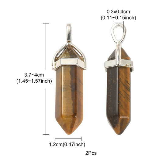 1x Colgante de Ojo de Tigre natural biterminado con casquillo tono platino, 37–40 mm