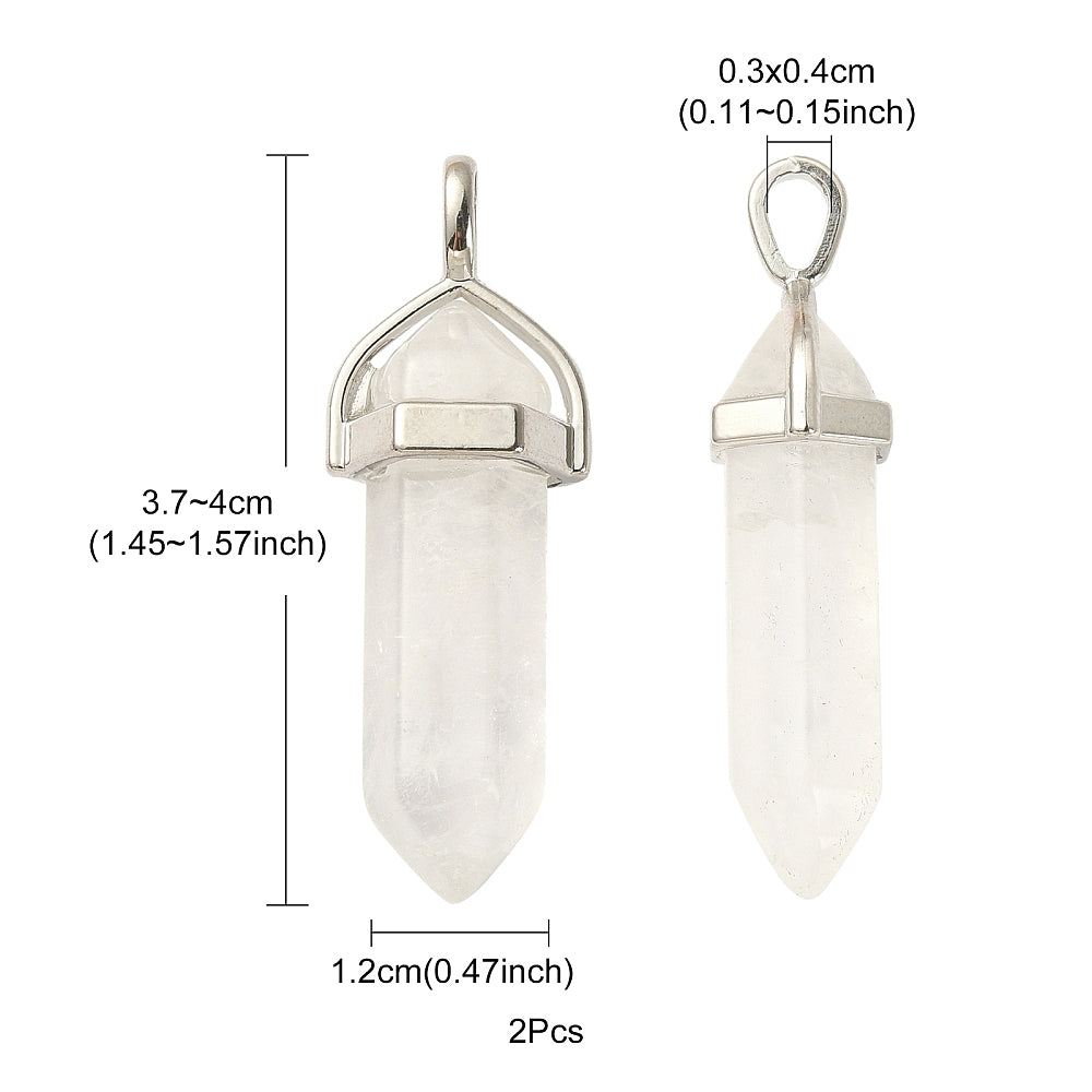 1x Colgante de cuarzo natural biterminado con casquillo tono platino, 37–40 mm