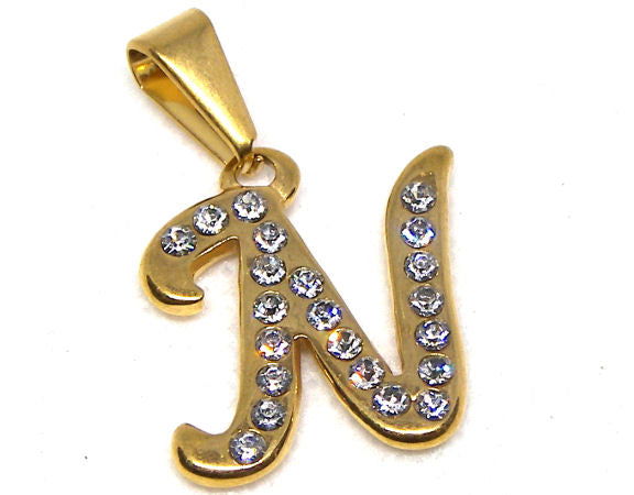 Letra N colgante acero inoxidable con circonidas engastadas Gold - - Crystaldreams Abalorios