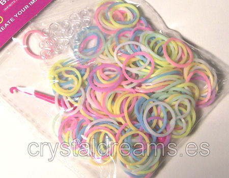 Pack de gomitas MULTICOLOR FLUO MIX - Con Ganchillo y Clips - - Crystaldreams Abalorios