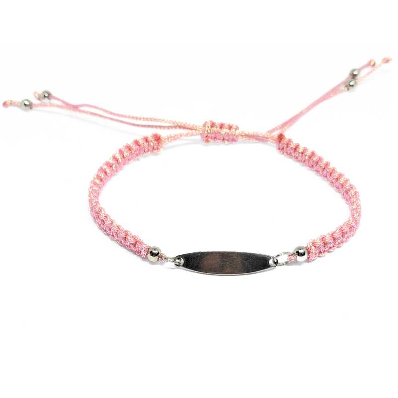 Pulsera personalizable rosa de macramé con chapa Acero 25x6mm - - Crystaldreams Abalorios