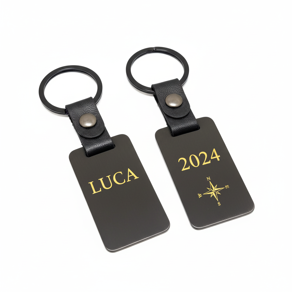 Dos llaveros negros con grabados dorados distintos sobre mesa blanca