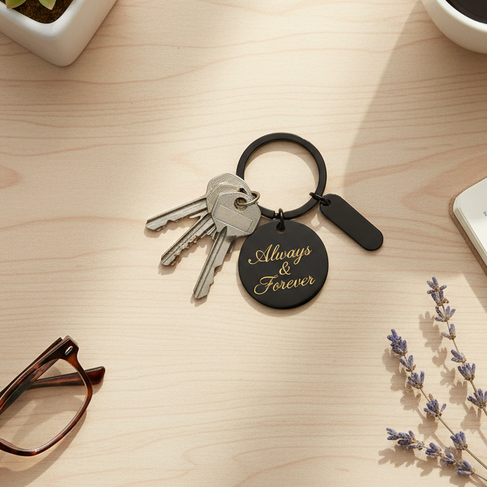 Llavero negro con llaves y elementos decorativos sobre madera beige