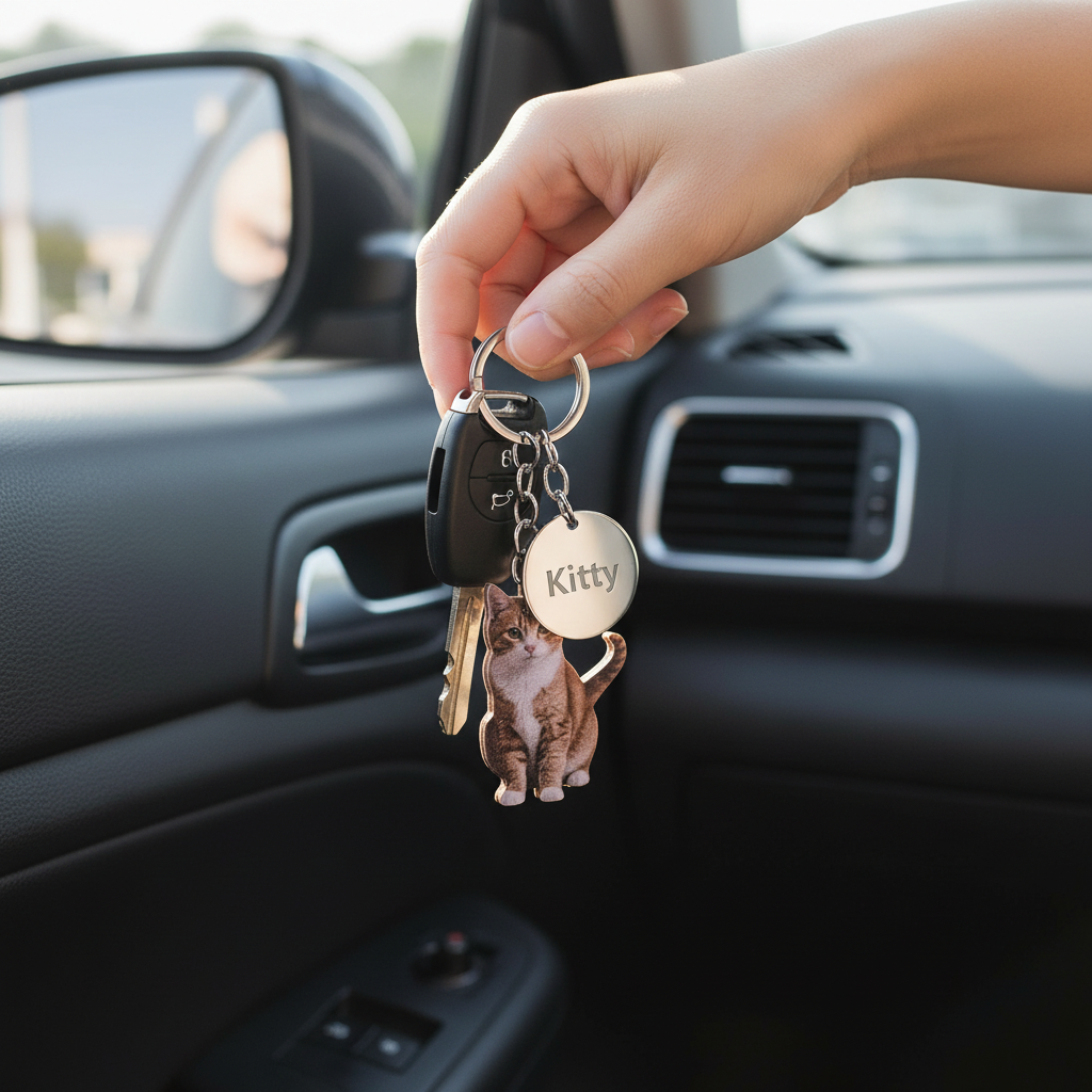 Llavero personalizado gatito atigrado marrón gris con llaves coche, llavero mascotas con grabado Kitty