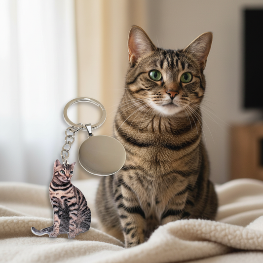 Llavero personalizado gato atigrado junto a gato real idéntico, llaveros con animales realistas