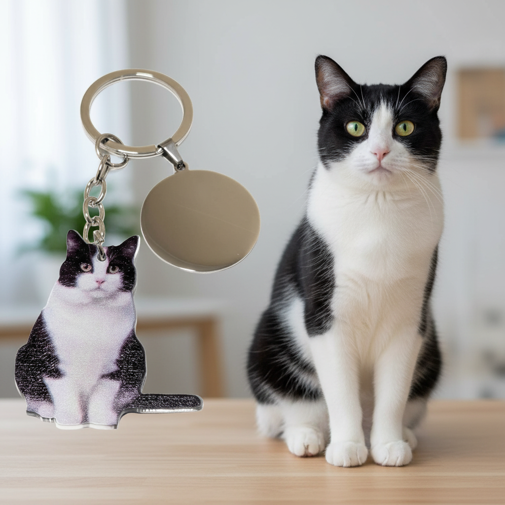 Llavero personalizado gato blanco negro junto a gato real idéntico, llaveros con animales realistas