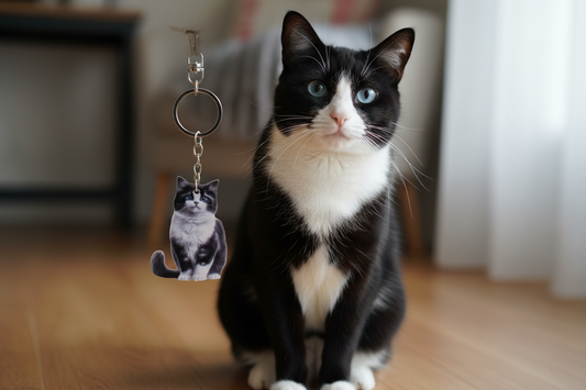 Llavero personalizado gato junto a gato real de la misma raza