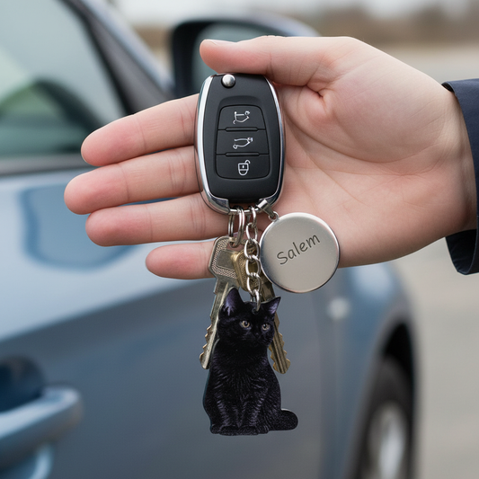 Llavero personalizado gato negro adulto con llaves coche, llavero mascotas con grabado Salem