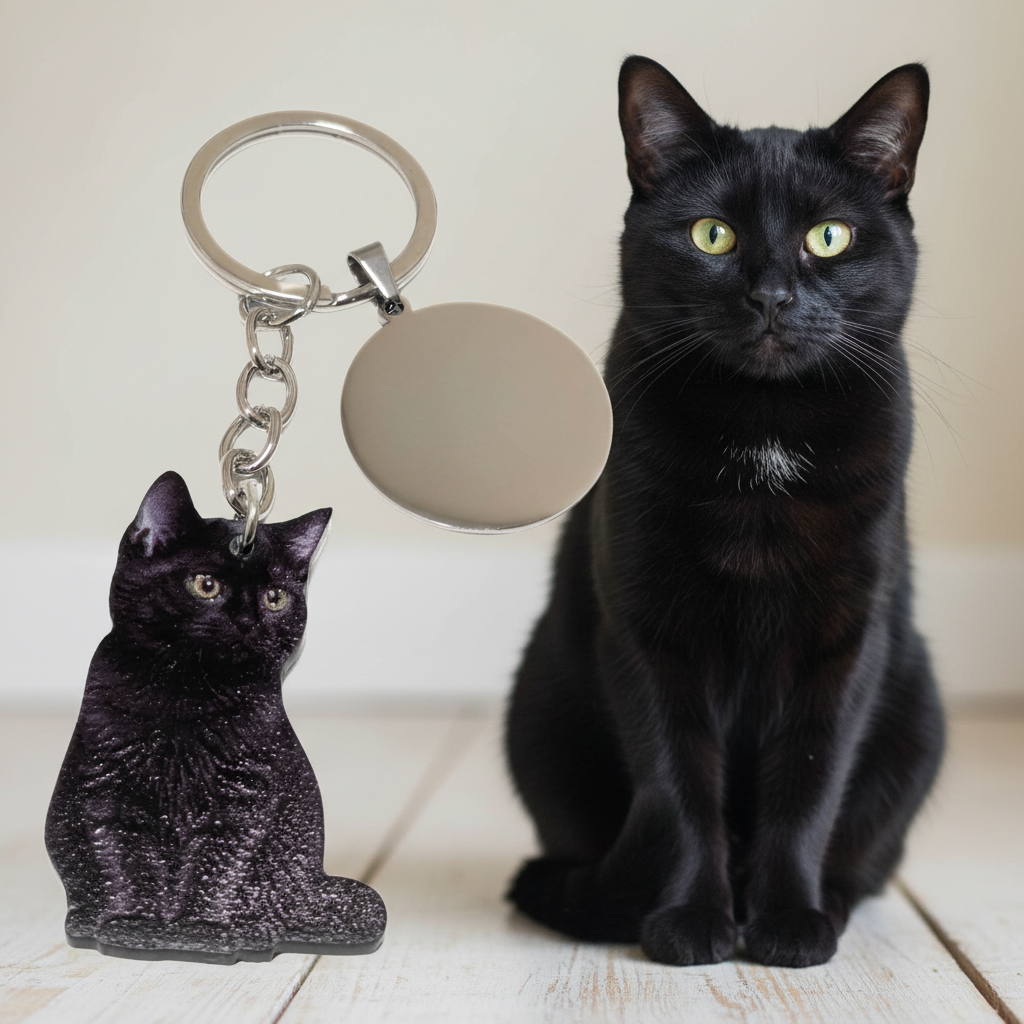Llavero personalizado gato negro junto a gato real idéntico, llaveros con animales realistas