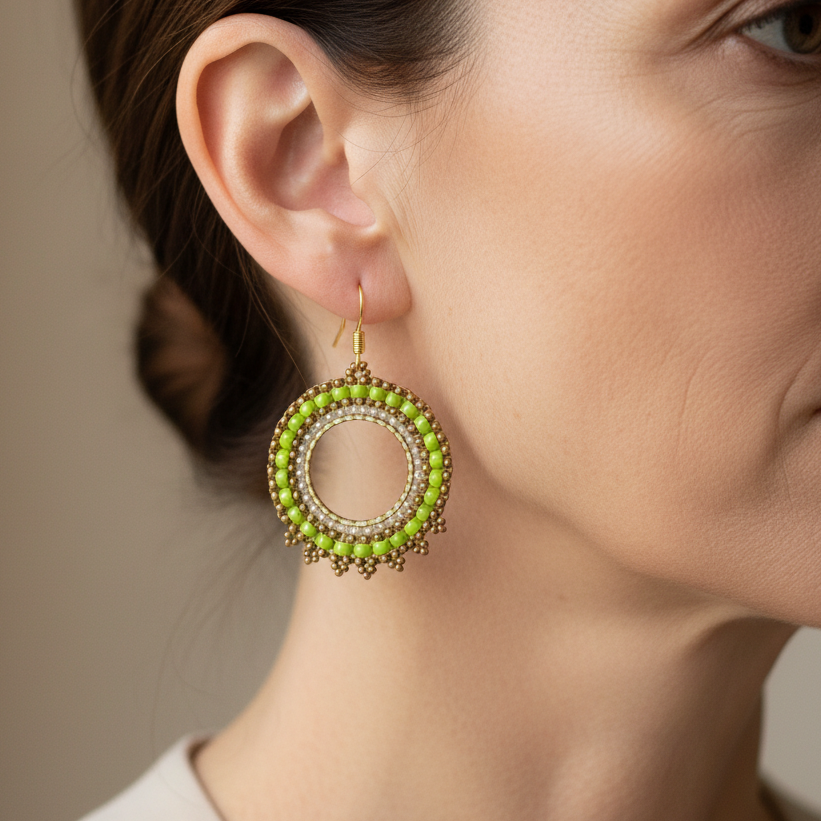 Pendientes de aro con abalorios Miyuki puestos en oreja