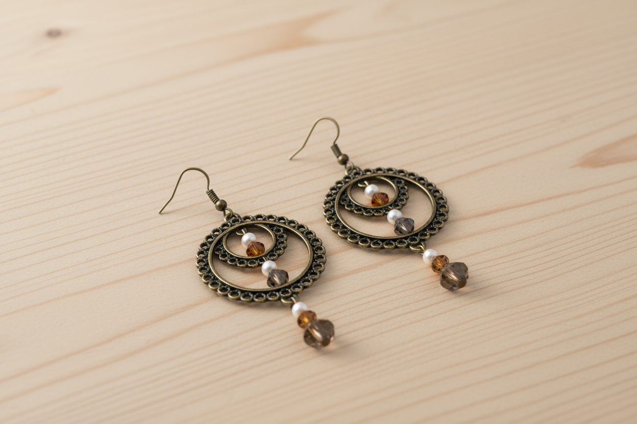 Pendientes elegantes sobre mesa de madera clara