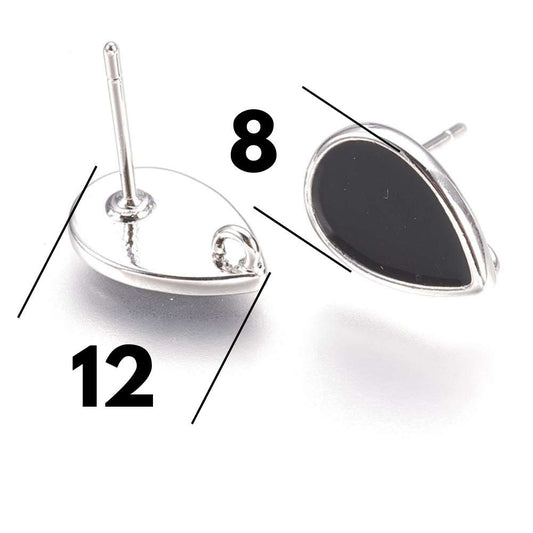 Tornillo para pendientes tipo stud de latón sin níquel, con forma teardrop esmaltada en negro y acabado platino.