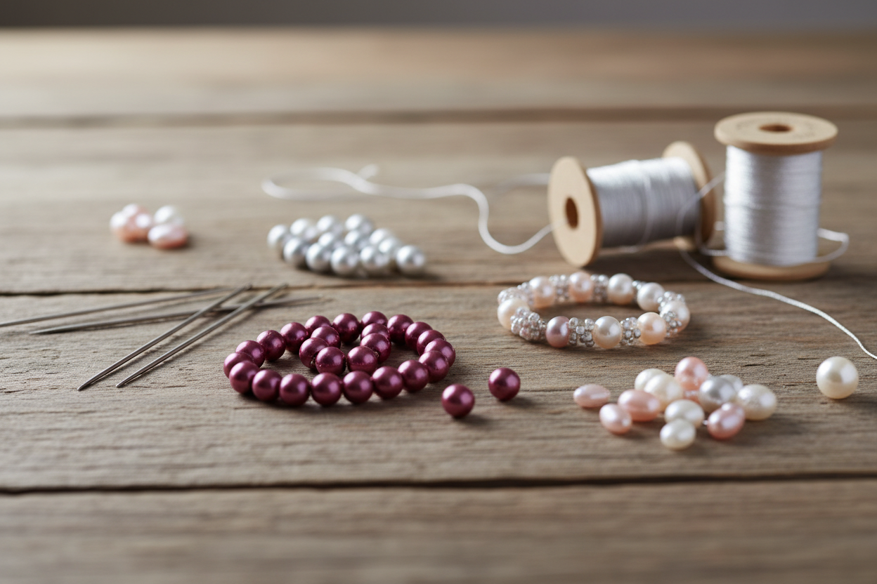 Perlas cristal checo fuchsia en mesa de trabajo