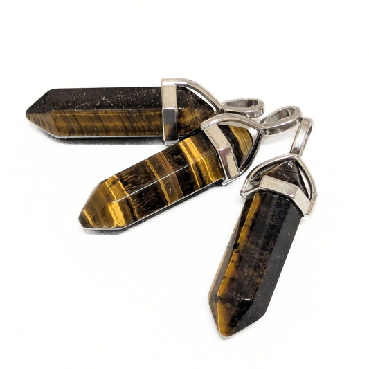 1x Colgante de Ojo de Tigre natural biterminado con casquillo tono platino, 37–40 mm