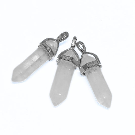 1x Colgante de cuarzo natural biterminado con casquillo tono platino, 37–40 mm