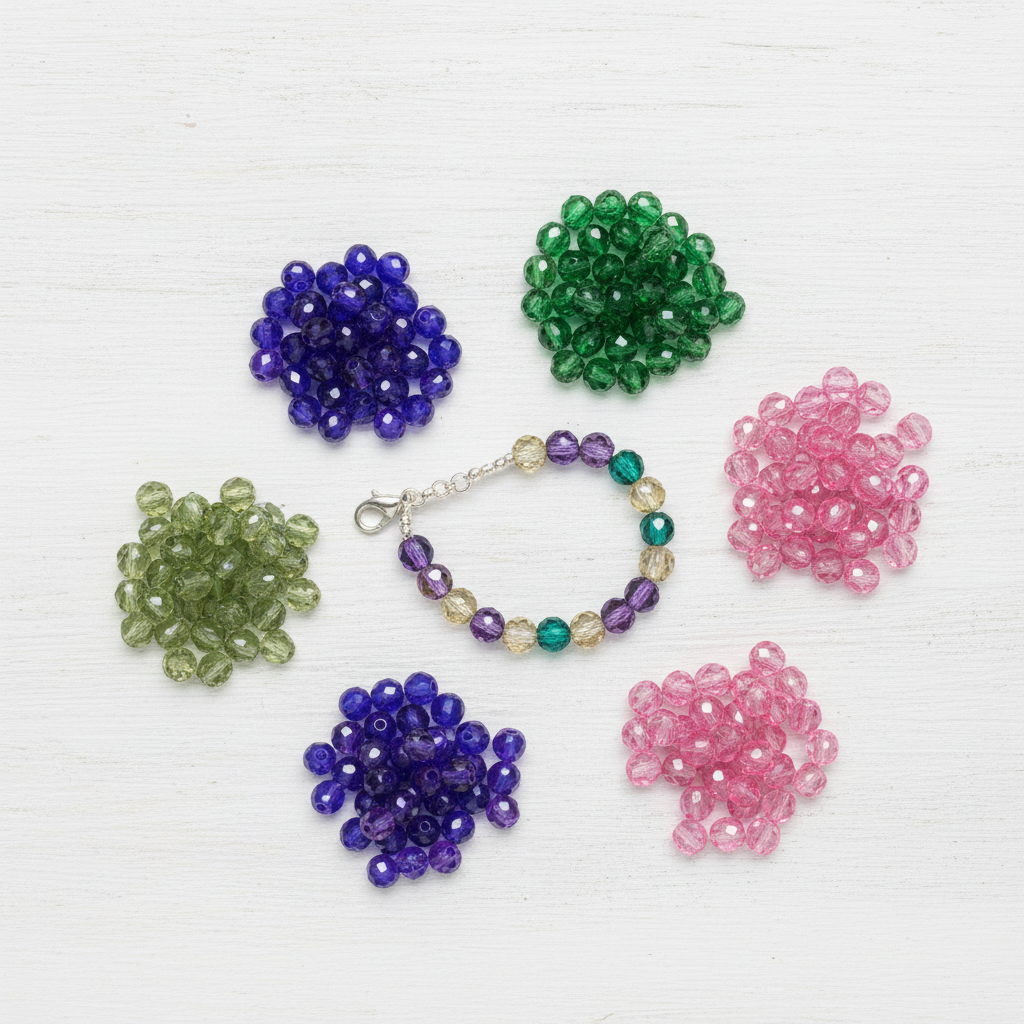 Cuentas facetadas sobre mesa muy clara sin sombras