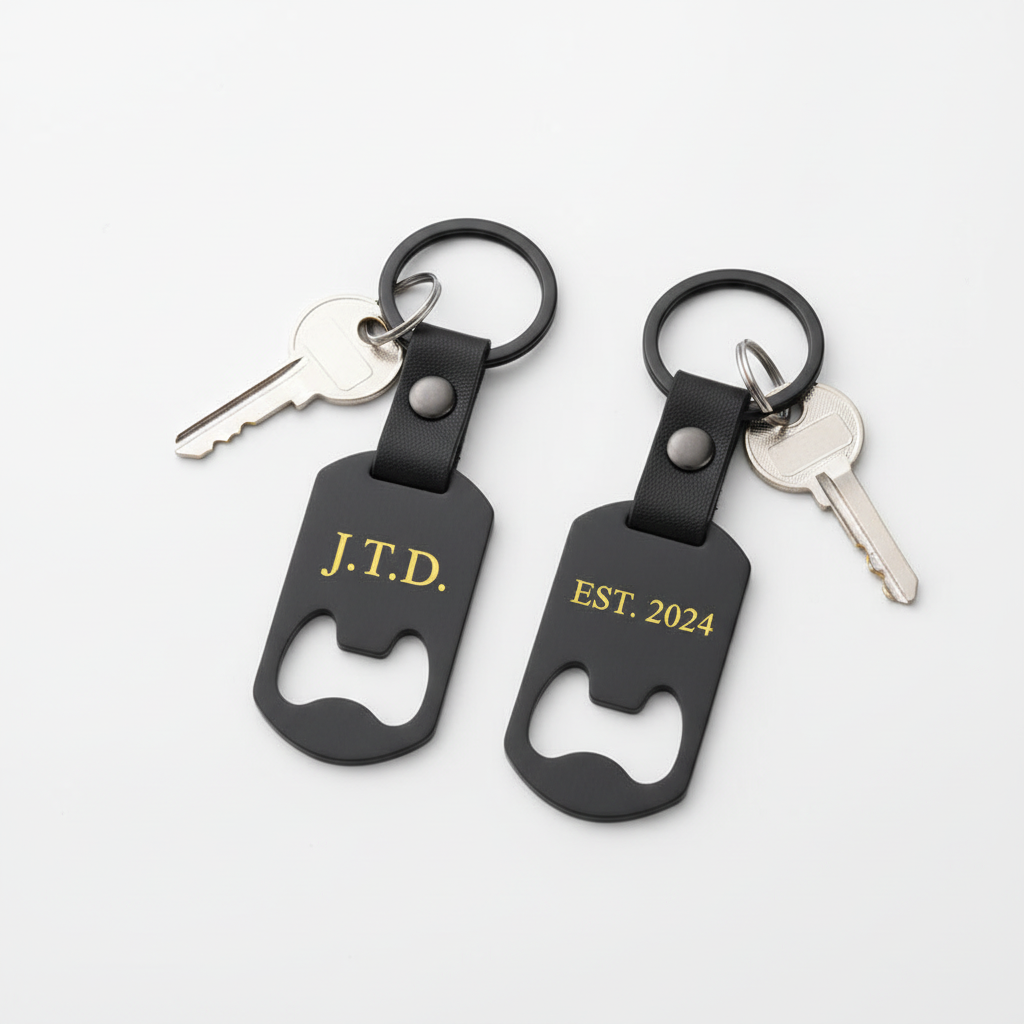 Dos llaveros abrebotellas con grabados distintos sobre mesa blanca