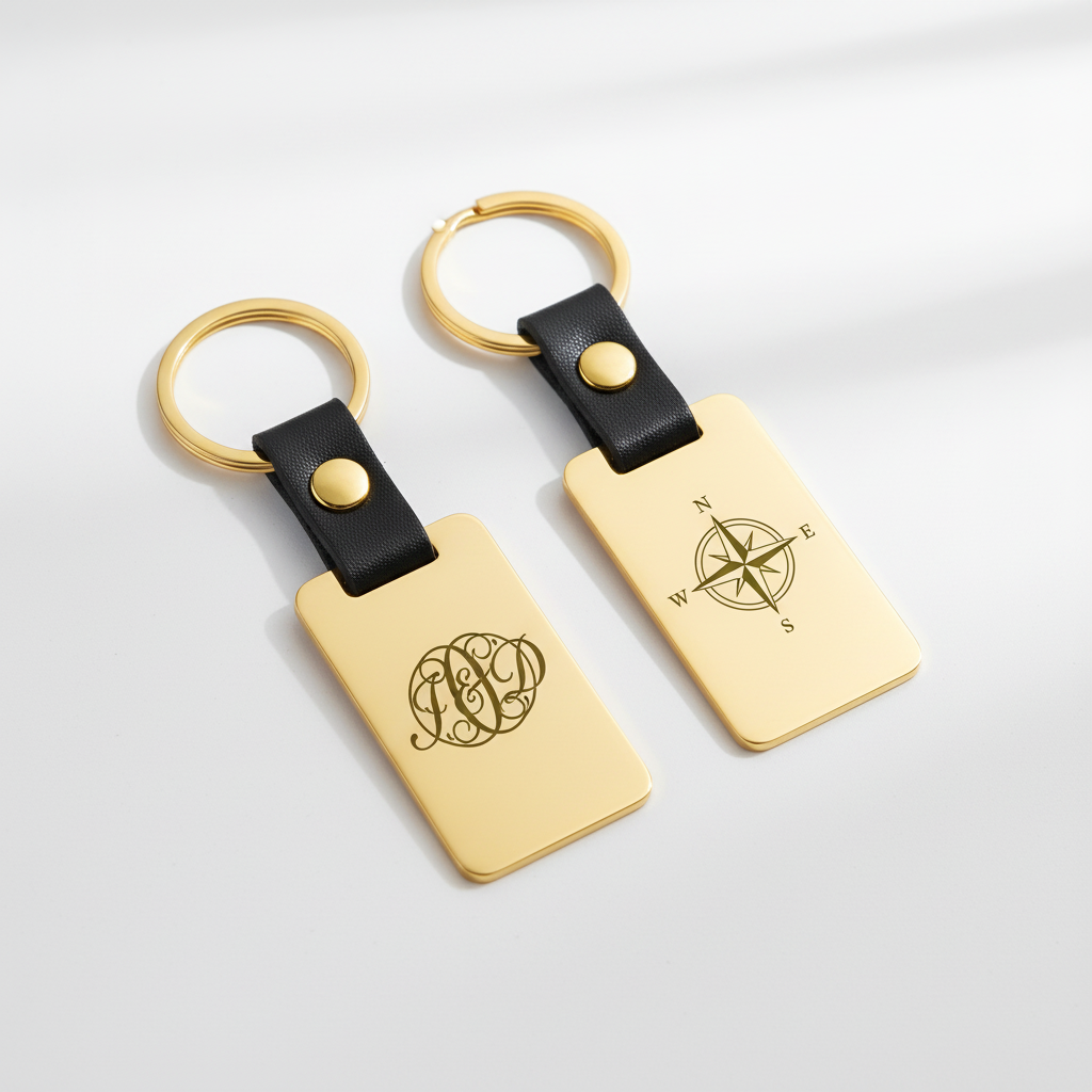 Dos llaveros con grabados distintos sobre mesa blanca