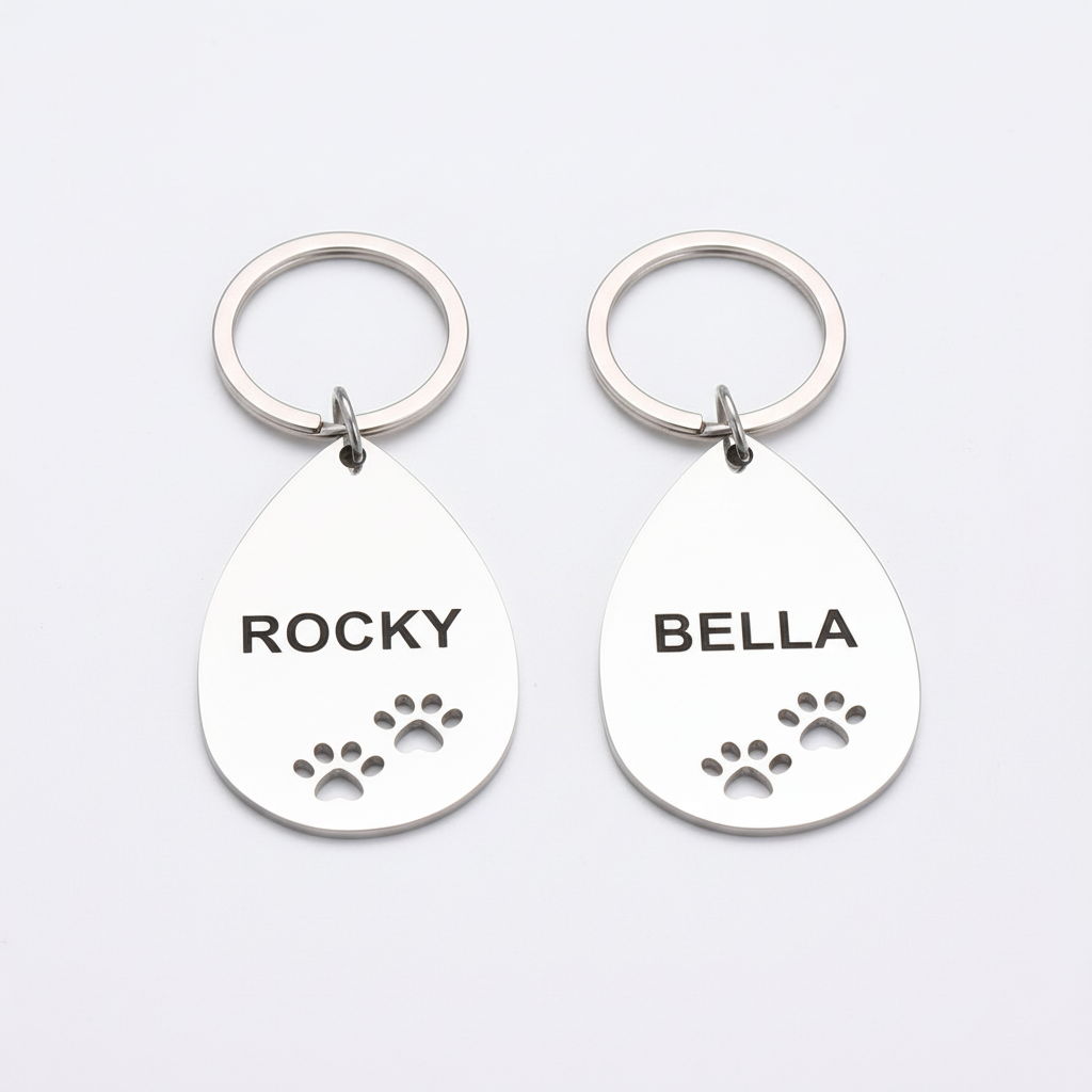 Dos llaveros con grabados ROCKY y BELLA