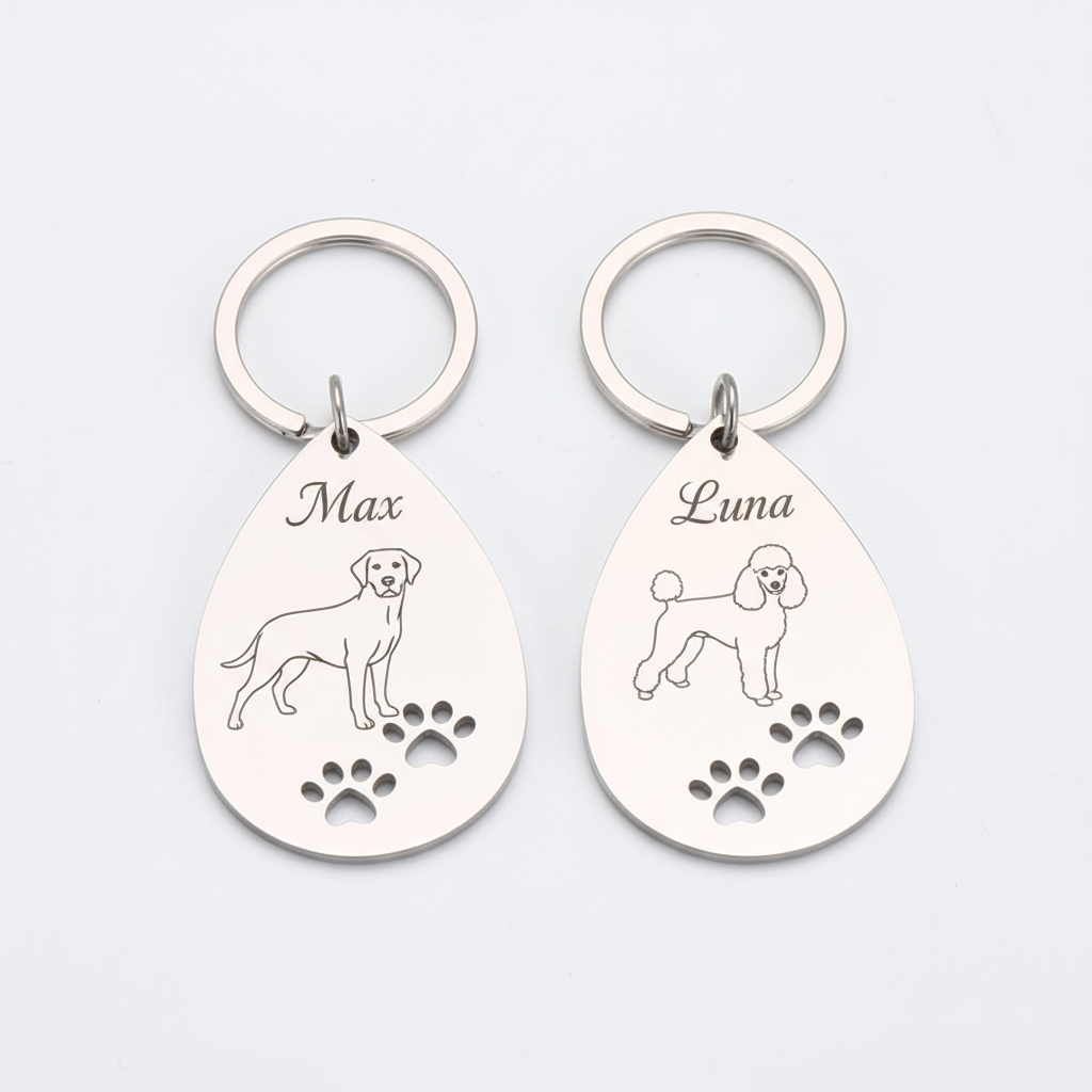 Dos llaveros con Max y Luna en cursiva