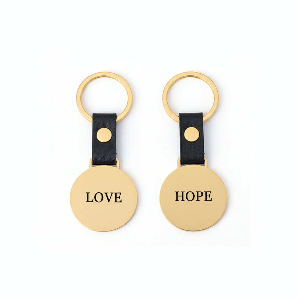 Dos llaveros dorados con grabados distintos sobre fondo blanco