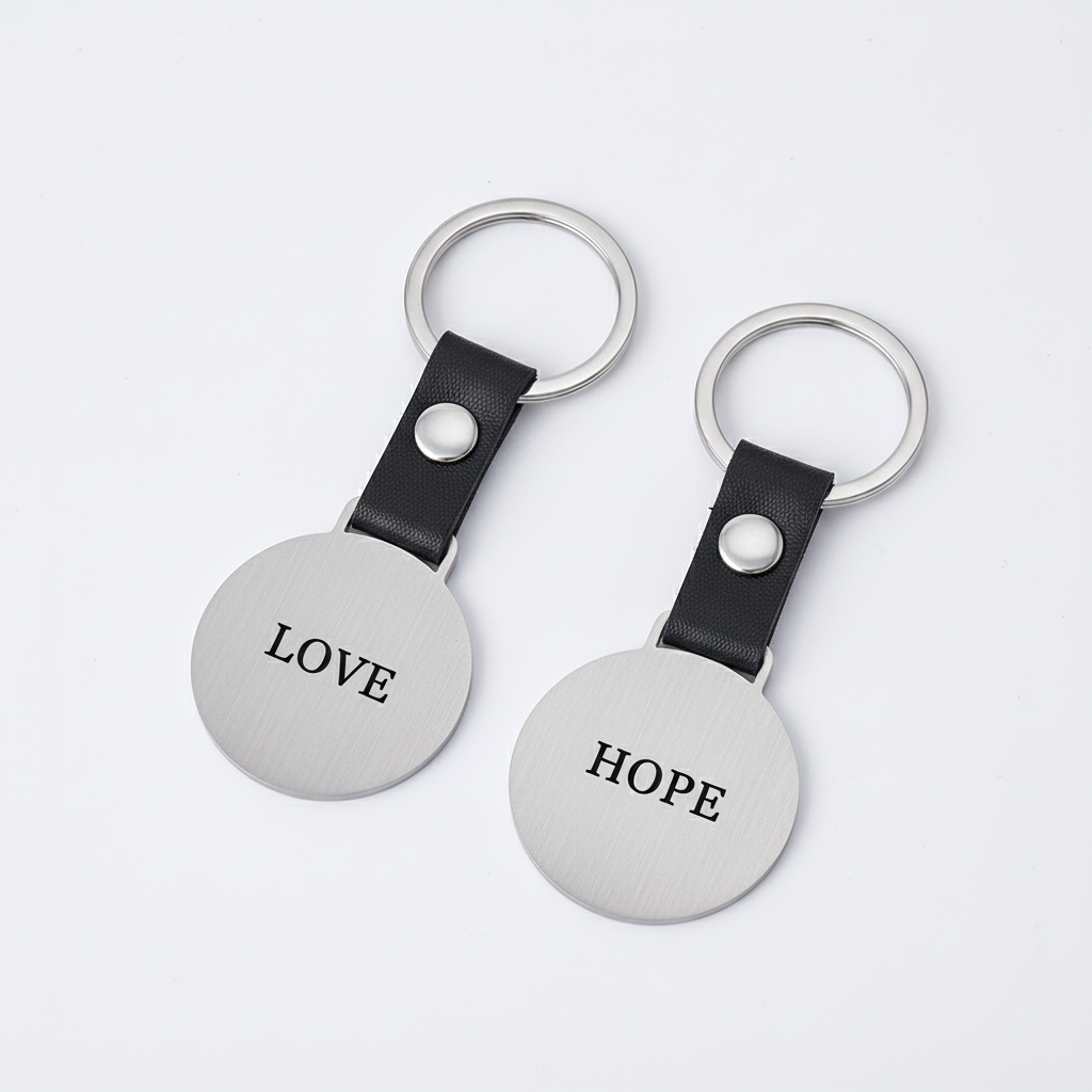 Dos llaveros plateados con grabados negros distintos
