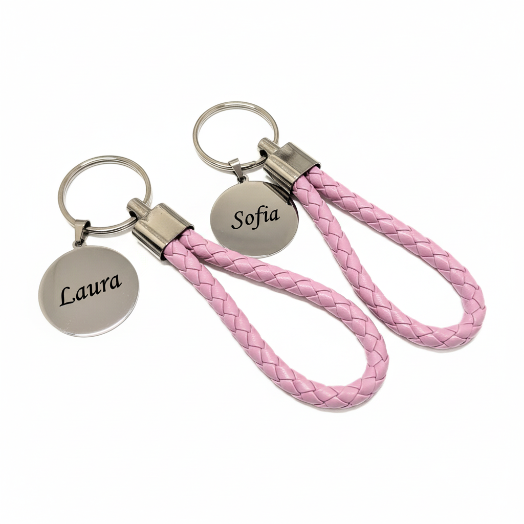 Dos llaveros rosa completos con grabados diferentes