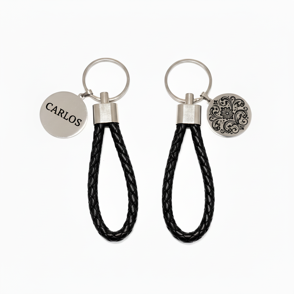 Dos llaveros - uno con nombre y otro con diseño ornamental