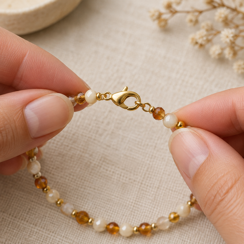 Ejemplo de uso del mosquetón dorado en una pulsera