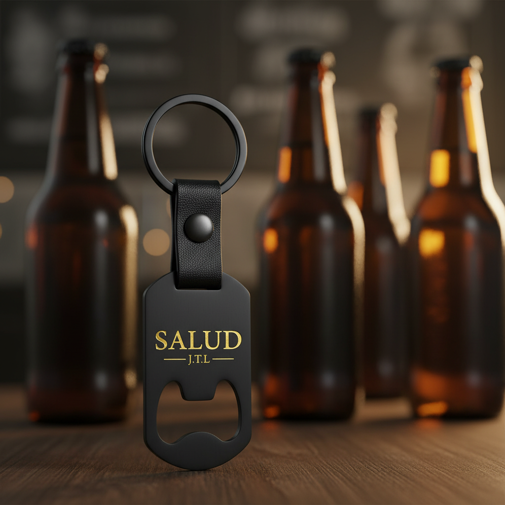 Llavero abrebotellas con botellas de cerveza desenfocadas
