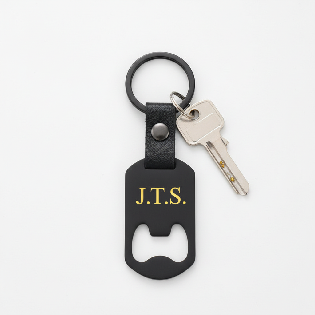 Llavero abrebotellas con grabado dorado y una llave sobre mesa blanca