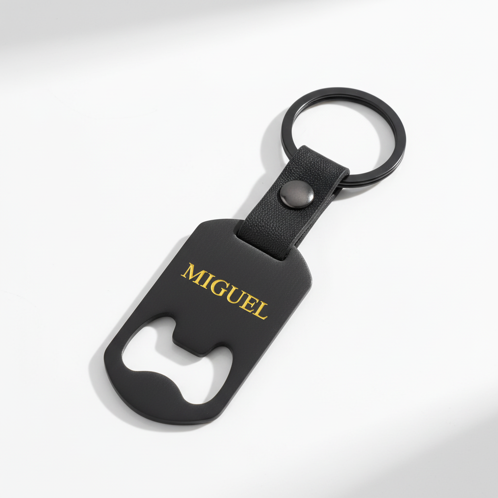 Llavero abrebotellas con grabado dorado