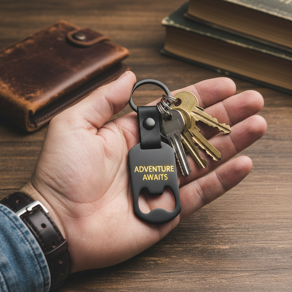 Llavero abrebotellas con llaves sostenido por mano masculina