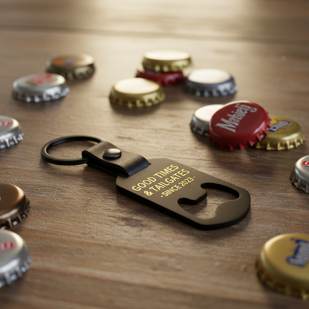 Llavero abrebotellas con tapones en el fondo