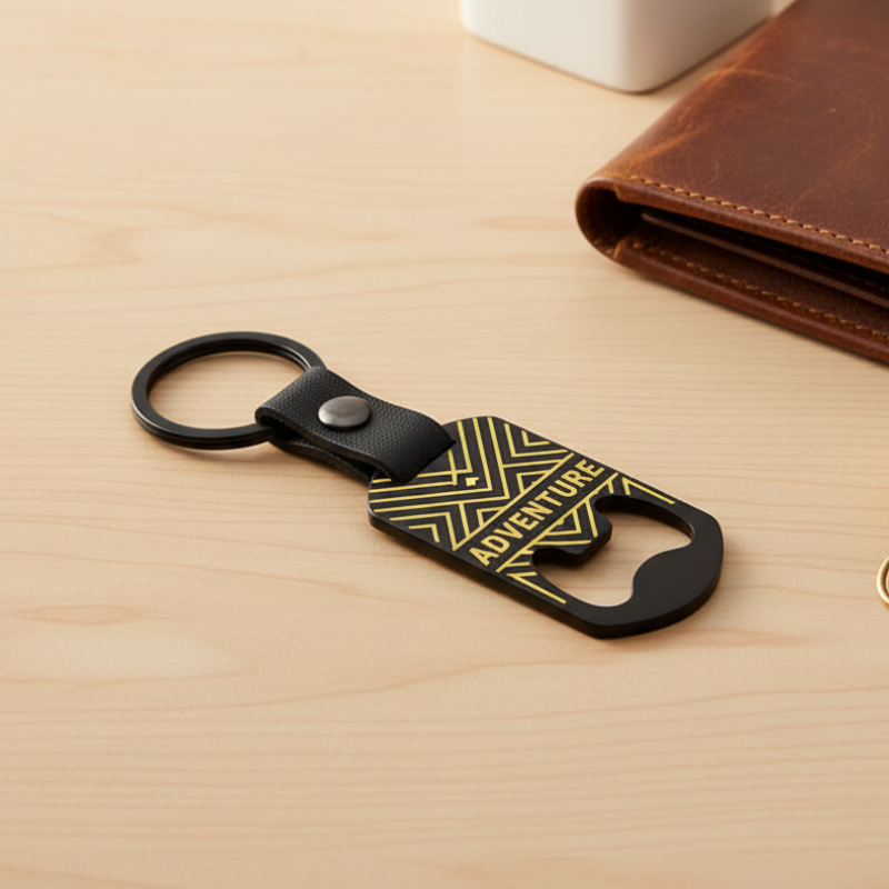 Llavero abrebotellas sobre madera beige con detalle complementario