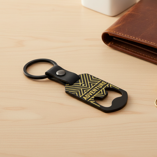 Llavero abrebotellas sobre madera beige con detalle complementario