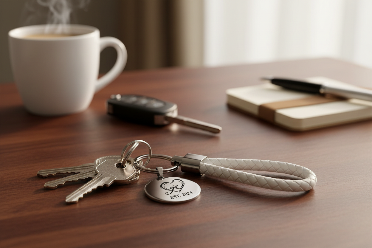 Llavero blanco con dibujo y texto sobre madera oscura