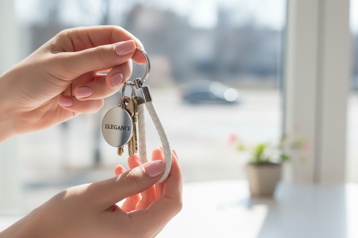Llavero blanco con llaves en manos con uñas pintadas