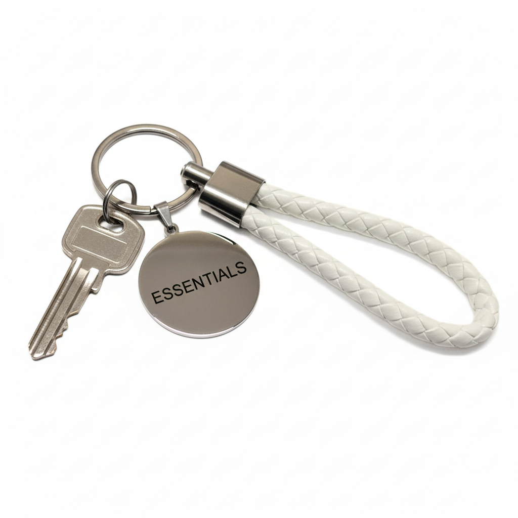 Llavero blanco con una llave sobre fondo blanco