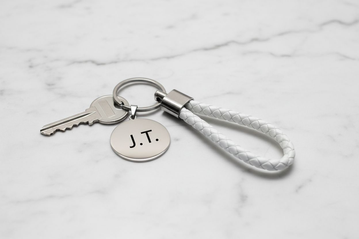 Llavero blanco correcto con una llave sobre mármol