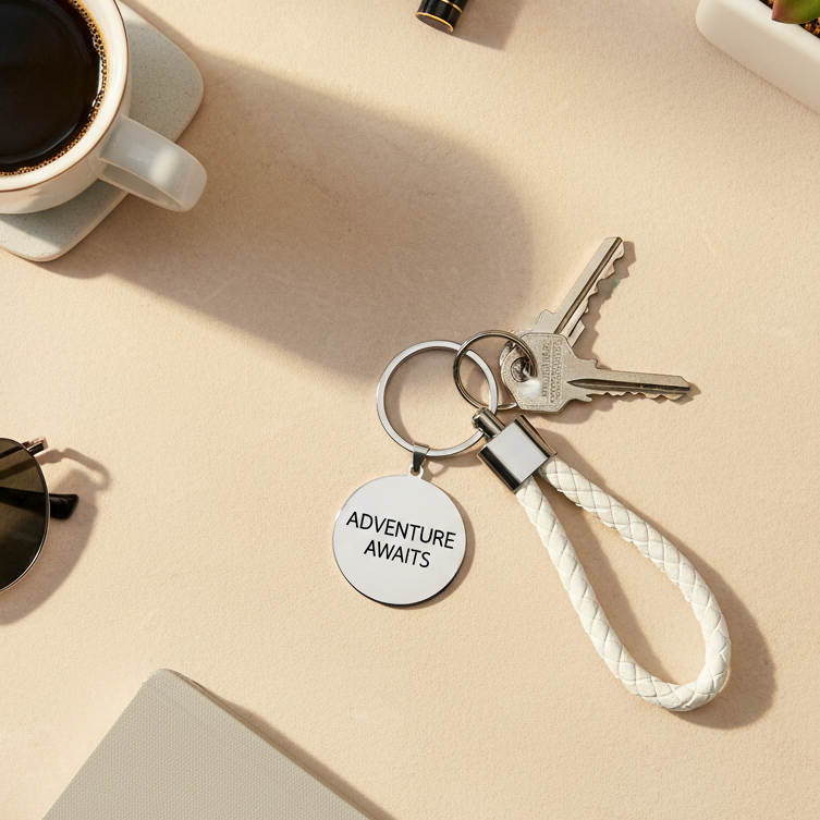 Llavero blanco sobre mesa beige con elementos decorativos