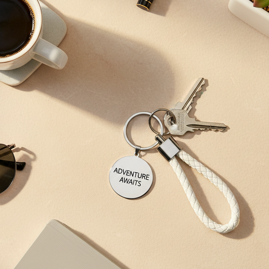 Llavero blanco sobre mesa beige con elementos decorativos