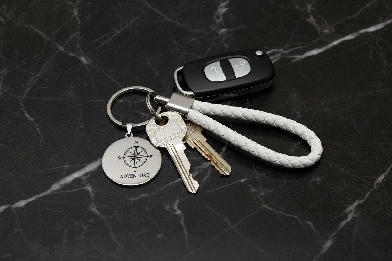 Llavero blanco vista cenital sobre mármol oscuro