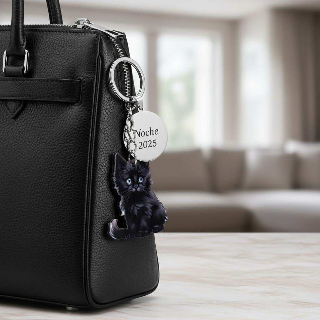 Llavero con animales gato negro en bolso, llaveros personalizados baratos con nombre Noche