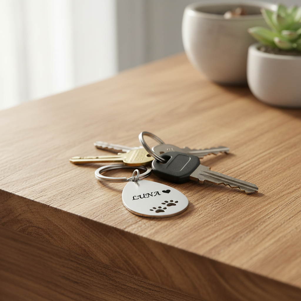 Llavero con grabado LUNA en uso
