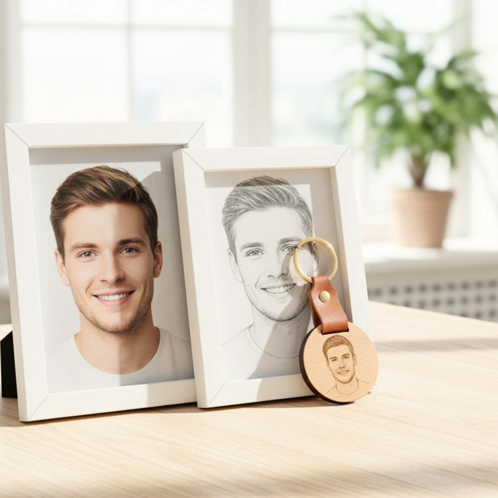 Detalle de llavero de madera artesanal con nombre grabado.