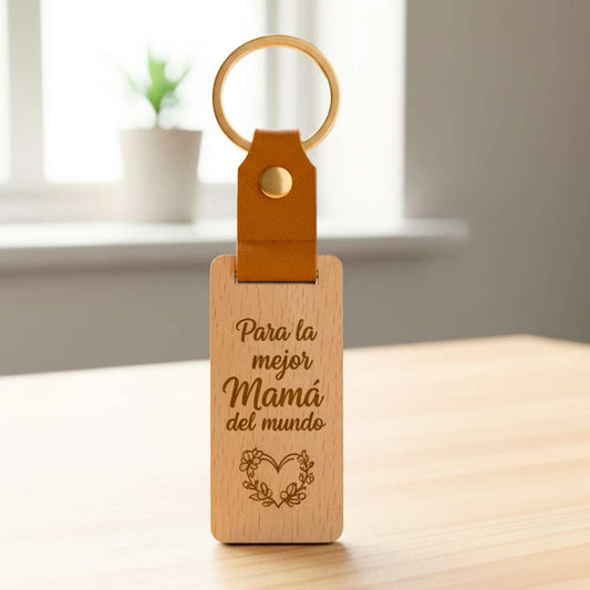 Llavero Personalizable Rectangular Madera y Cuero Sintético 13cm